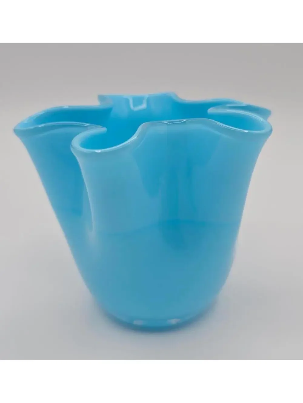 Vintage Fenton Turquoise Blue Opaque Crimped Rim Vase Hand Blown Art Glass 4”